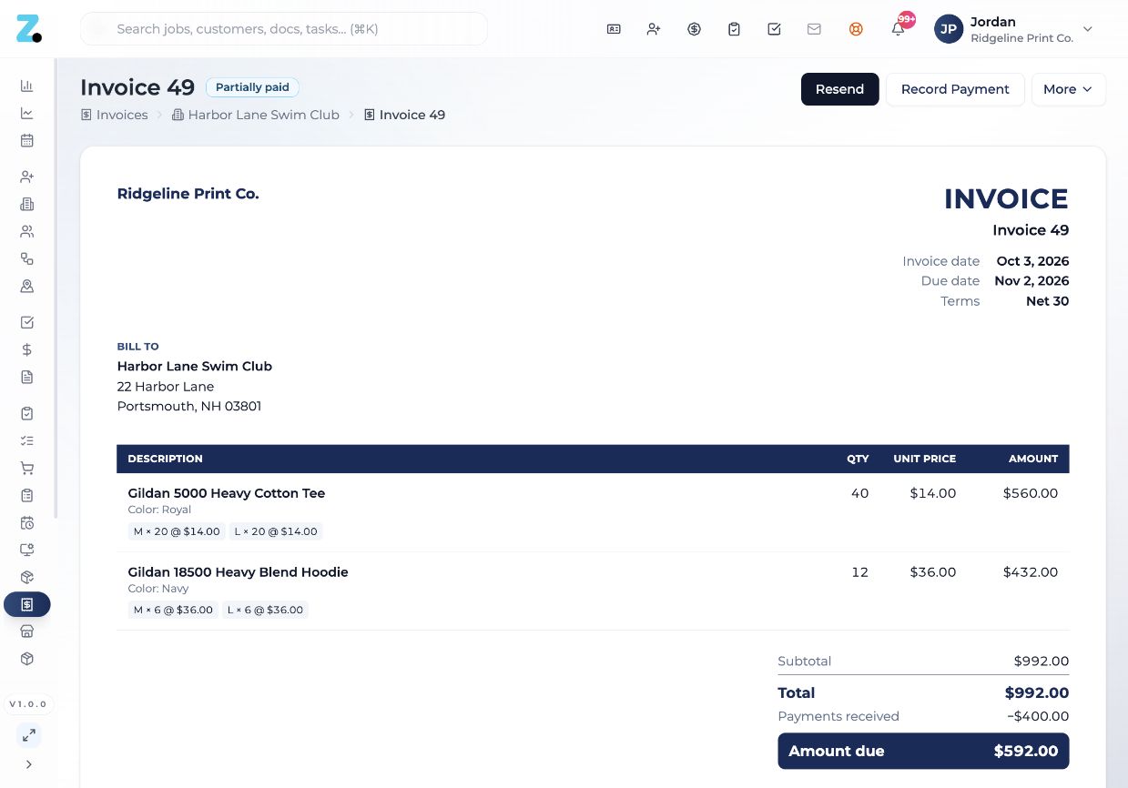 Zippr invoice for a swim club showing tees and hoodies, a partial payment and the amount due
