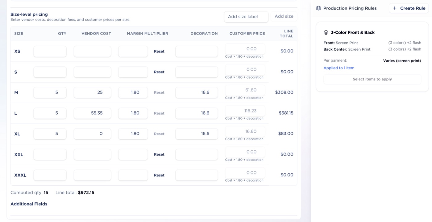 The Zippr quote editor with a size matrix, vendor garment costs and margins