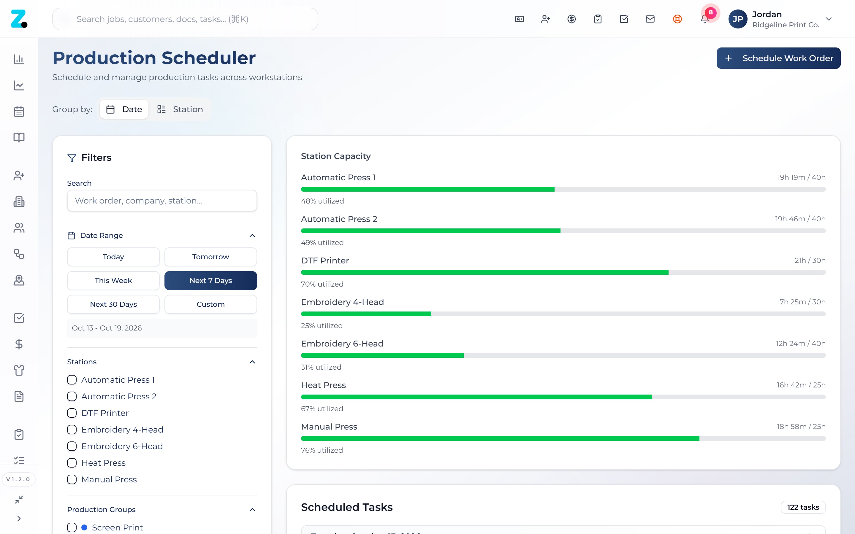 Zippr Production Scheduler showing utilization bars for automatic presses, DTF printer, embroidery heads, heat press and manual press